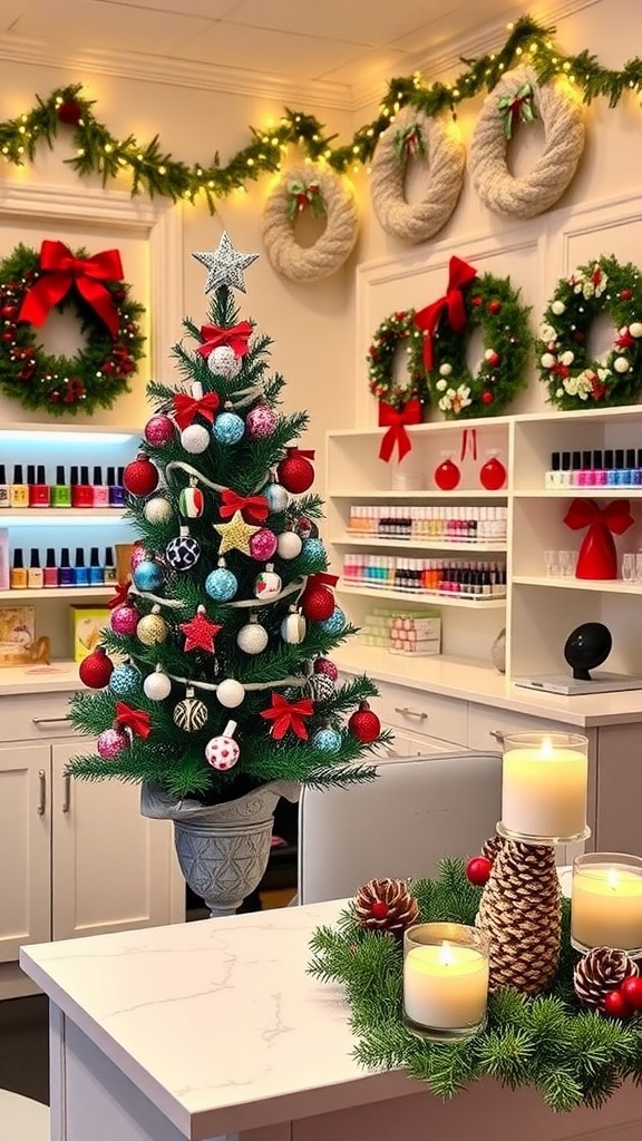 A festive nail salon decorated for Christmas with a tree, lights, and holiday centerpieces.